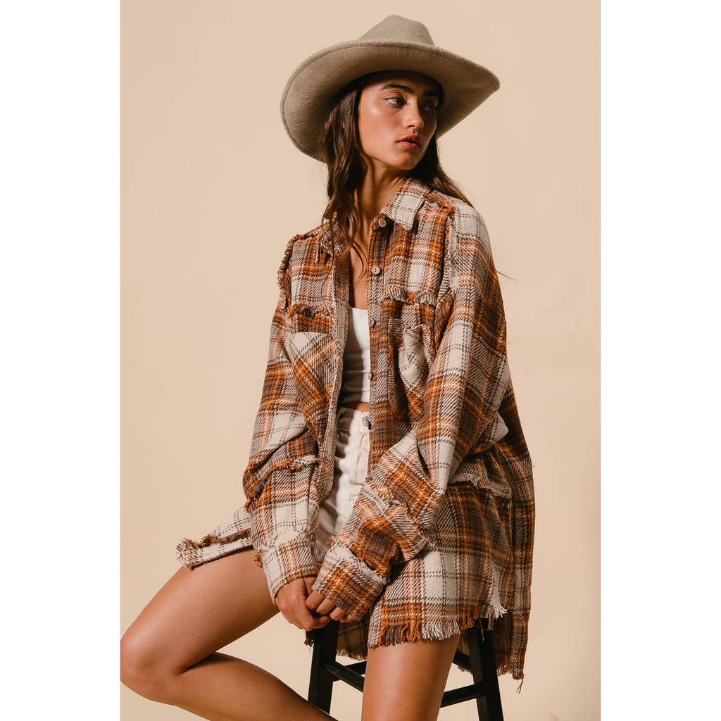 CHECKED WOVEN FRAYED DEGE DETAIL SHACKET