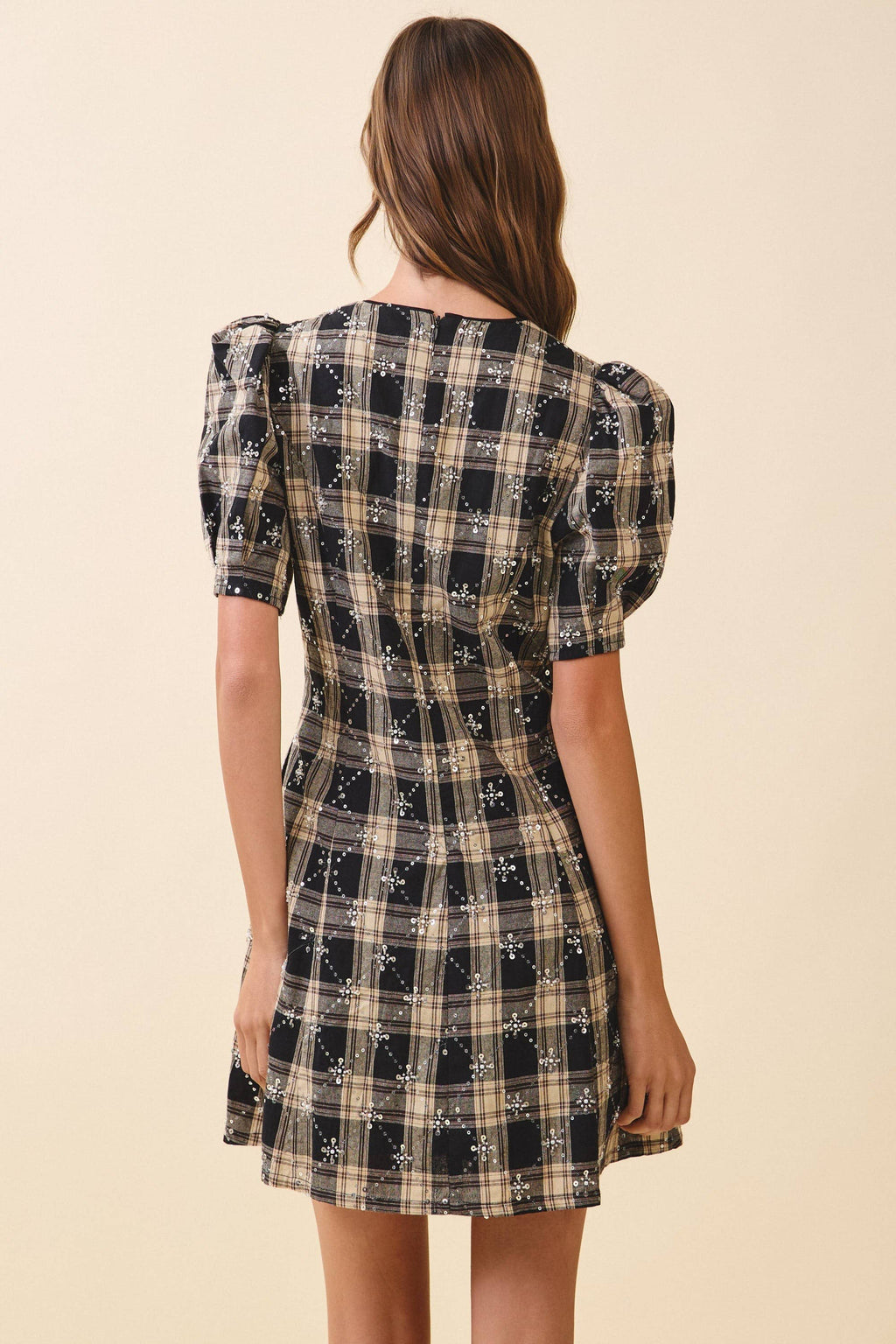 Sequin Embellishments Detail Plaid Mini Dress Black