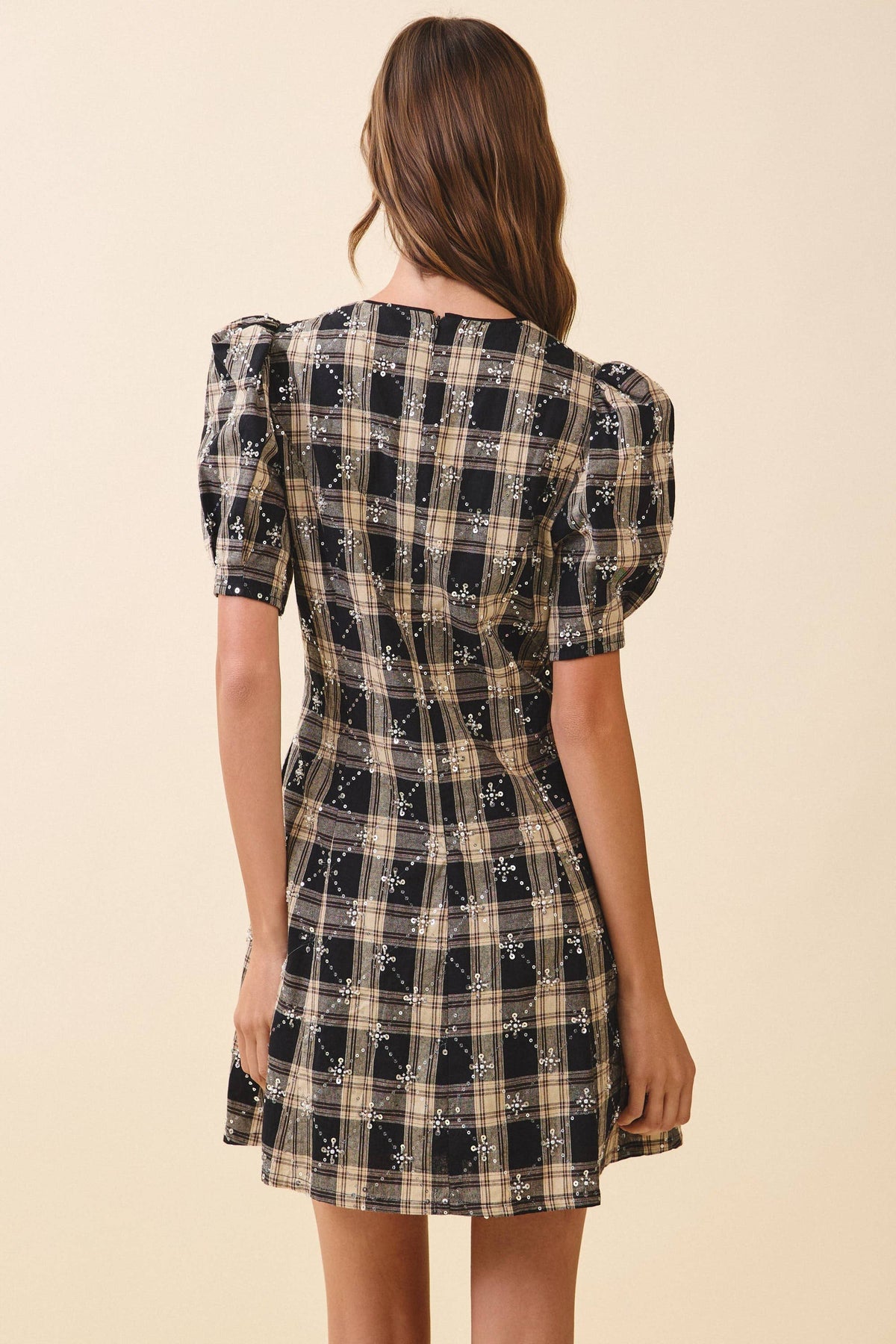 Sequin Embellishments Detail Plaid Mini Dress Black