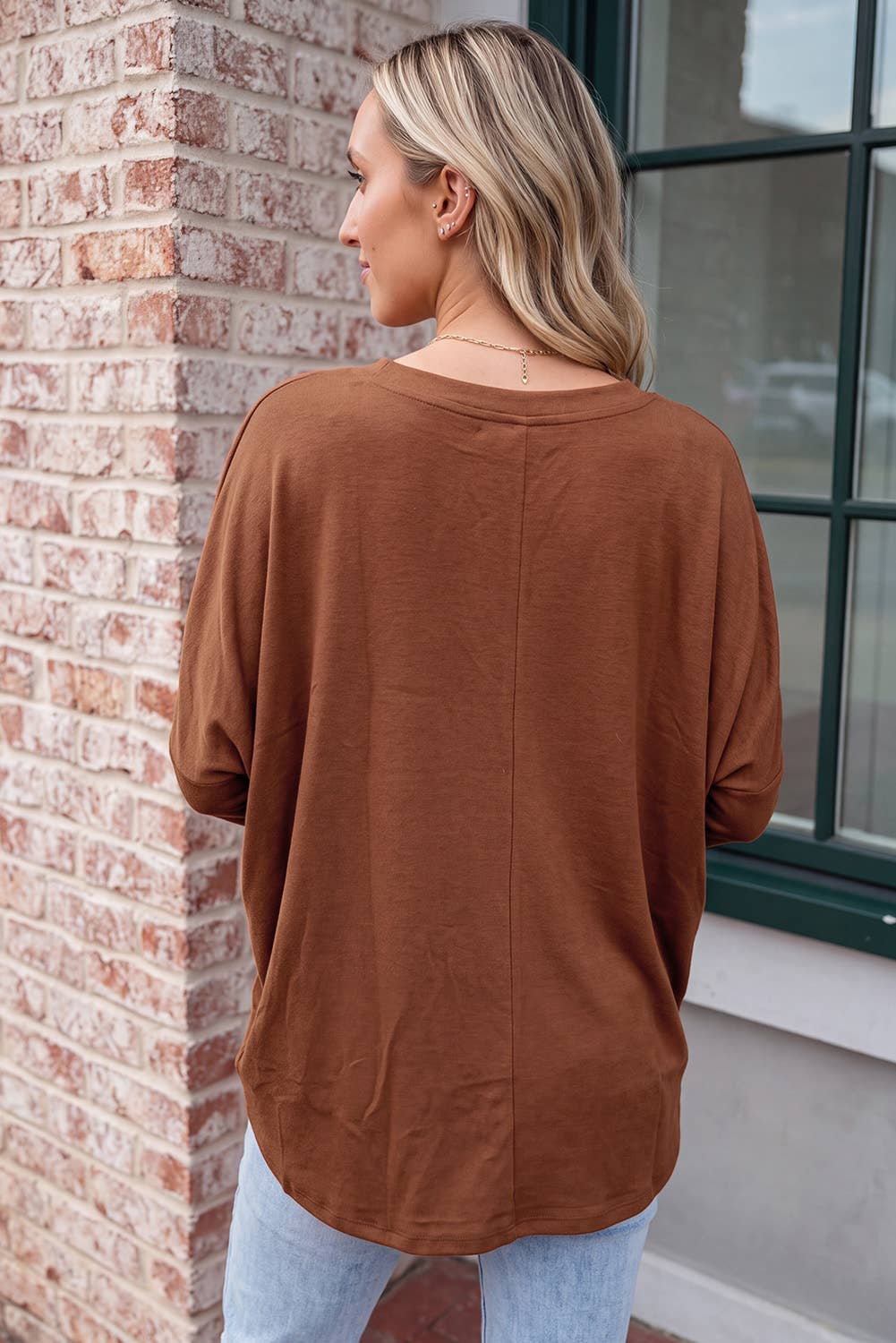 Casual Mock Neck Long Sleeve Shift Blouse brown