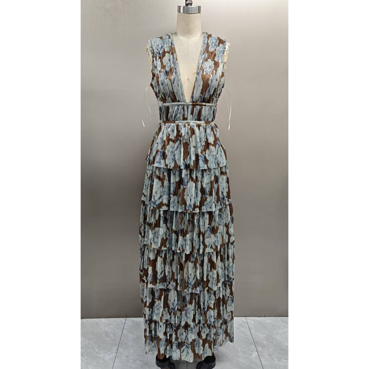 PLUNGING NECKLINE RUFFLED MAXI DRESS