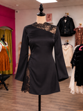 LONG SLEEVE LACE CUT OUT DETAIL SATIN MINI DRESS