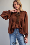 Pin Tuck Tie Neck Smocked Cuff Blouse Brown