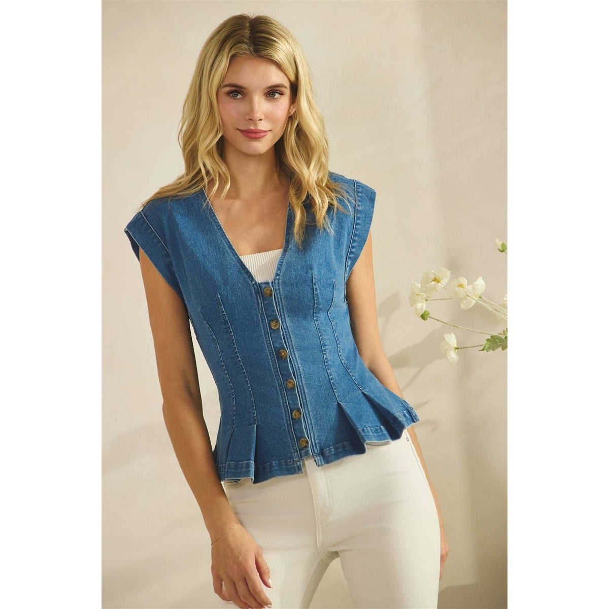Button Down Peplum Denim Vest Top