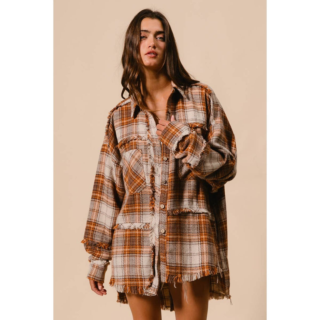CHECKED WOVEN FRAYED DEGE DETAIL SHACKET