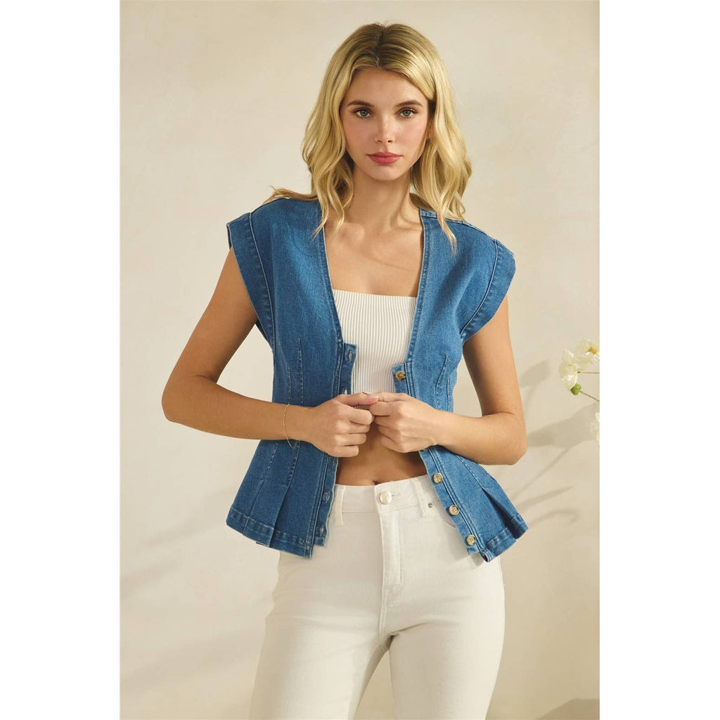 Button Down Peplum Denim Vest Top