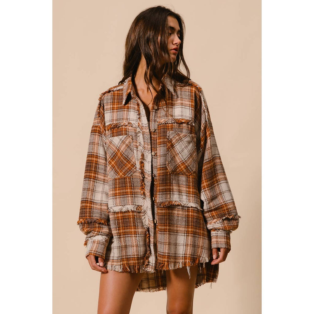 CHECKED WOVEN FRAYED DEGE DETAIL SHACKET