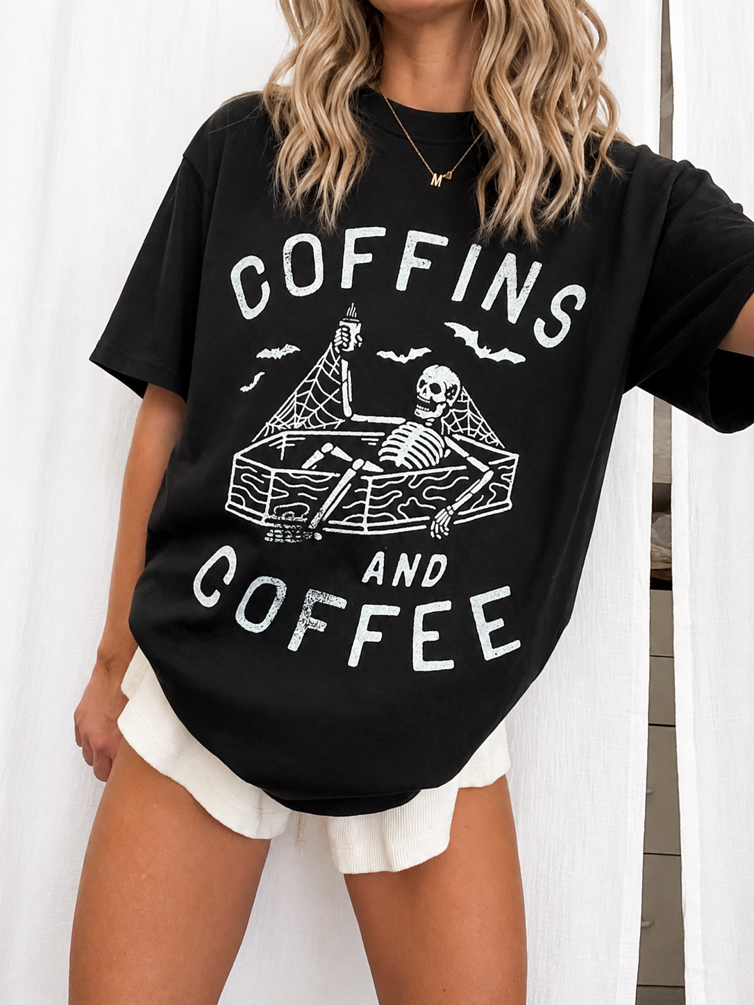 Coffins and Coffee Skeleton Halloween Graphic Tee