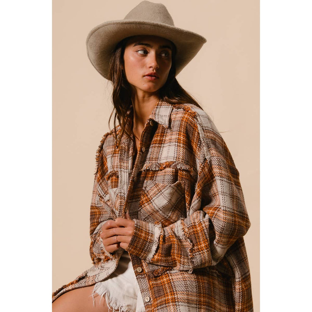 CHECKED WOVEN FRAYED DEGE DETAIL SHACKET