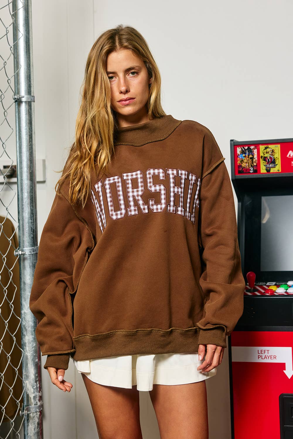 WORSHIP | Gingham "WORSHIP" Mock Neck Sweatshirt Brown