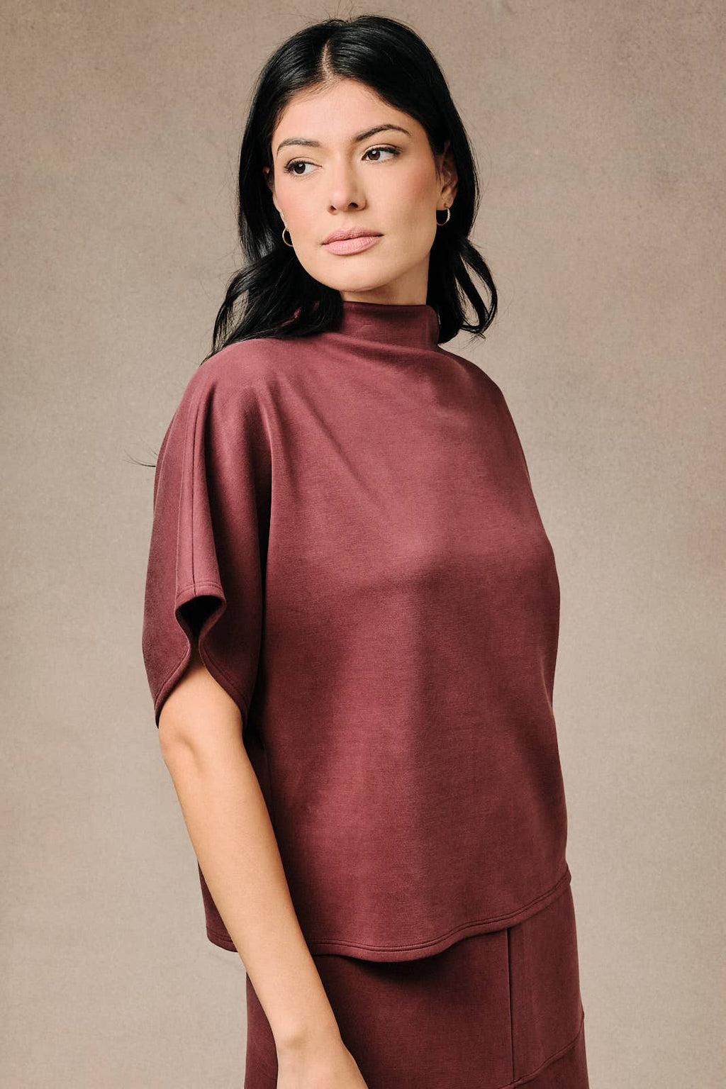 Mock Neck Dolman Short Sleeve Soft Knit Pullover Top