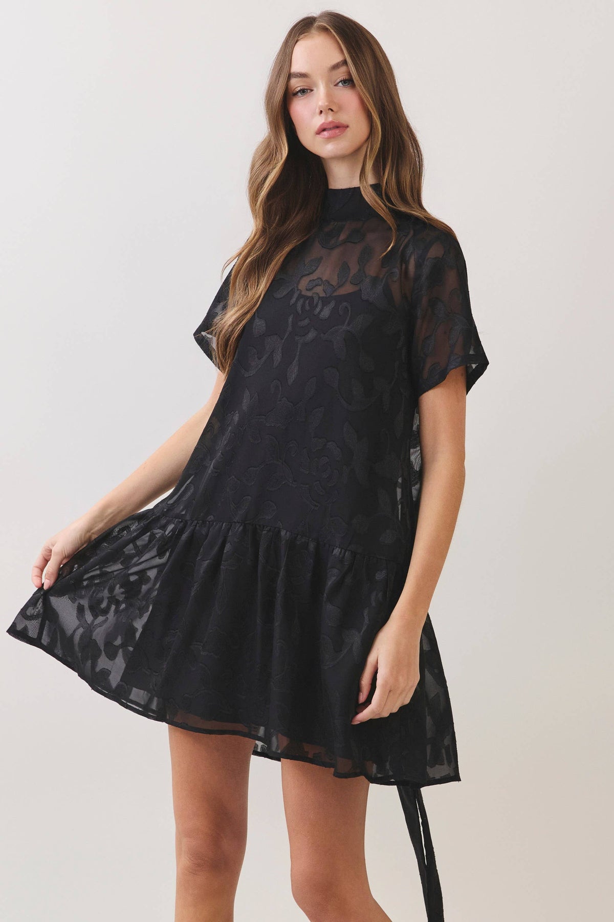 Floral Jacquard Tie-Neck Mini Dress