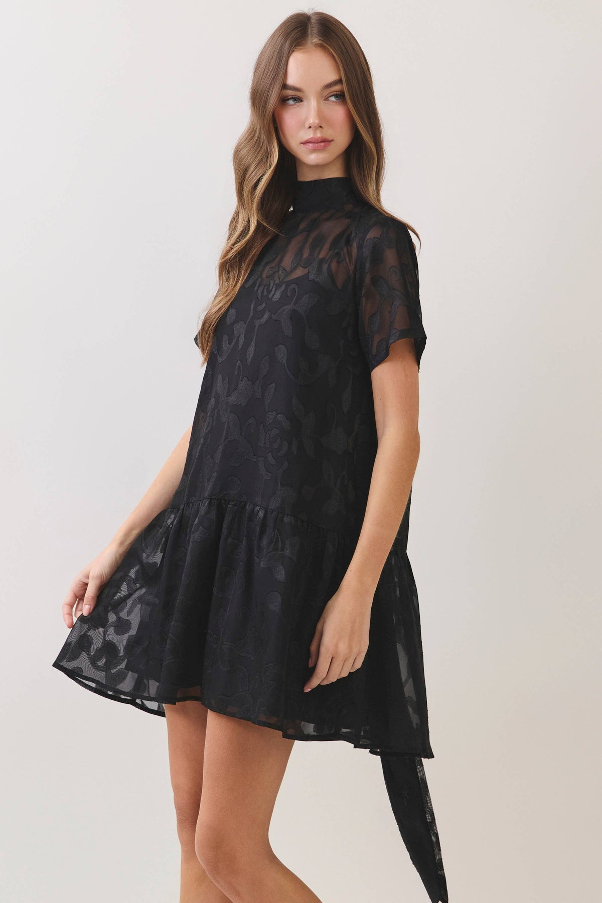 Floral Jacquard Tie-Neck Mini Dress