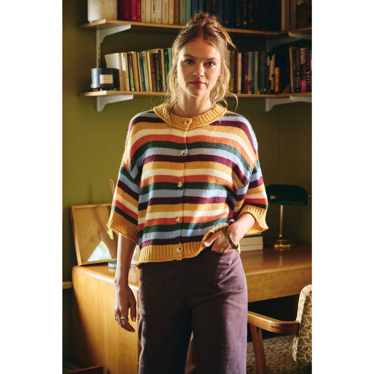 QUIET WEEKEND MULTI STRIPE WOOL BLEND SWEATER CARDIGAN