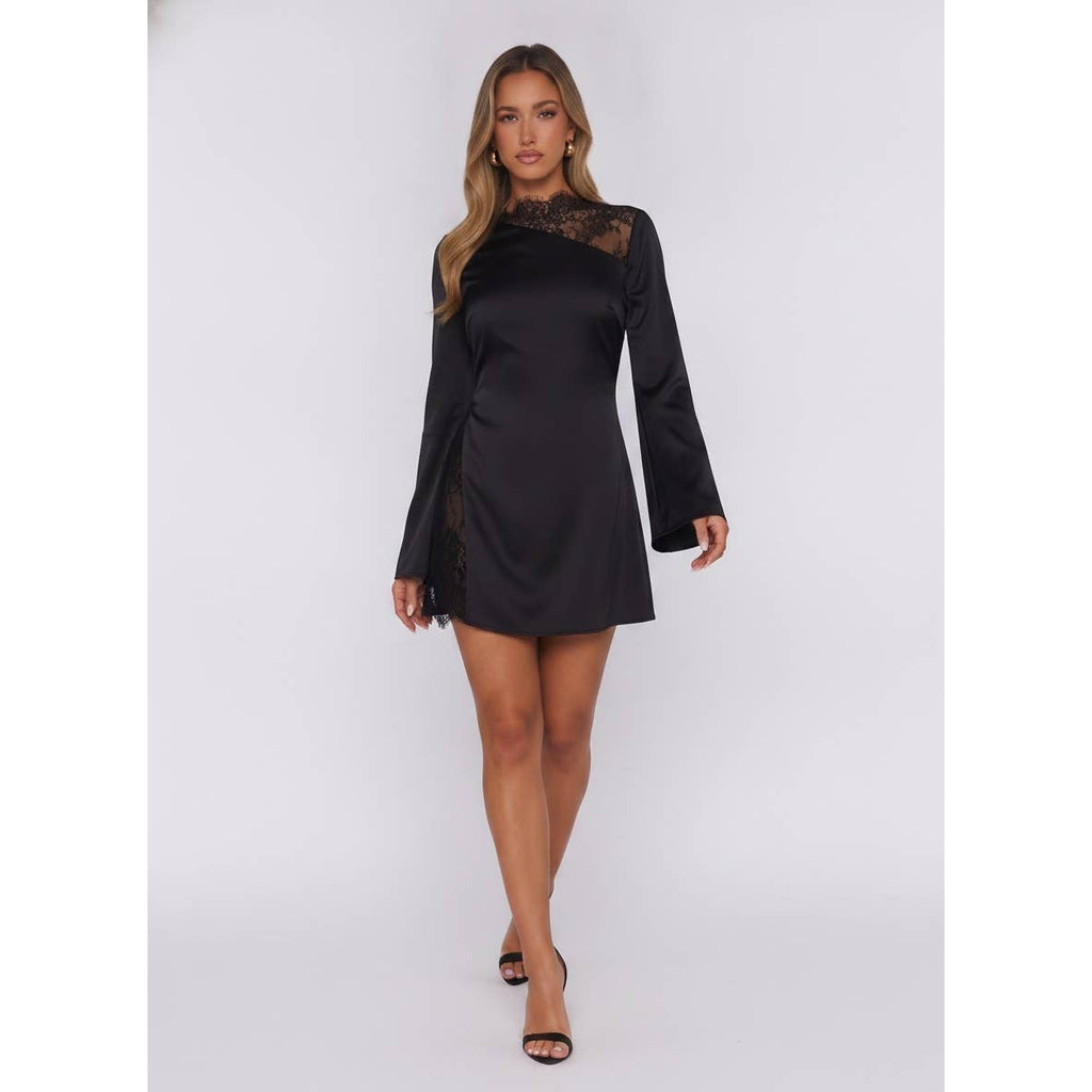 LONG SLEEVE LACE CUT OUT DETAIL SATIN MINI DRESS