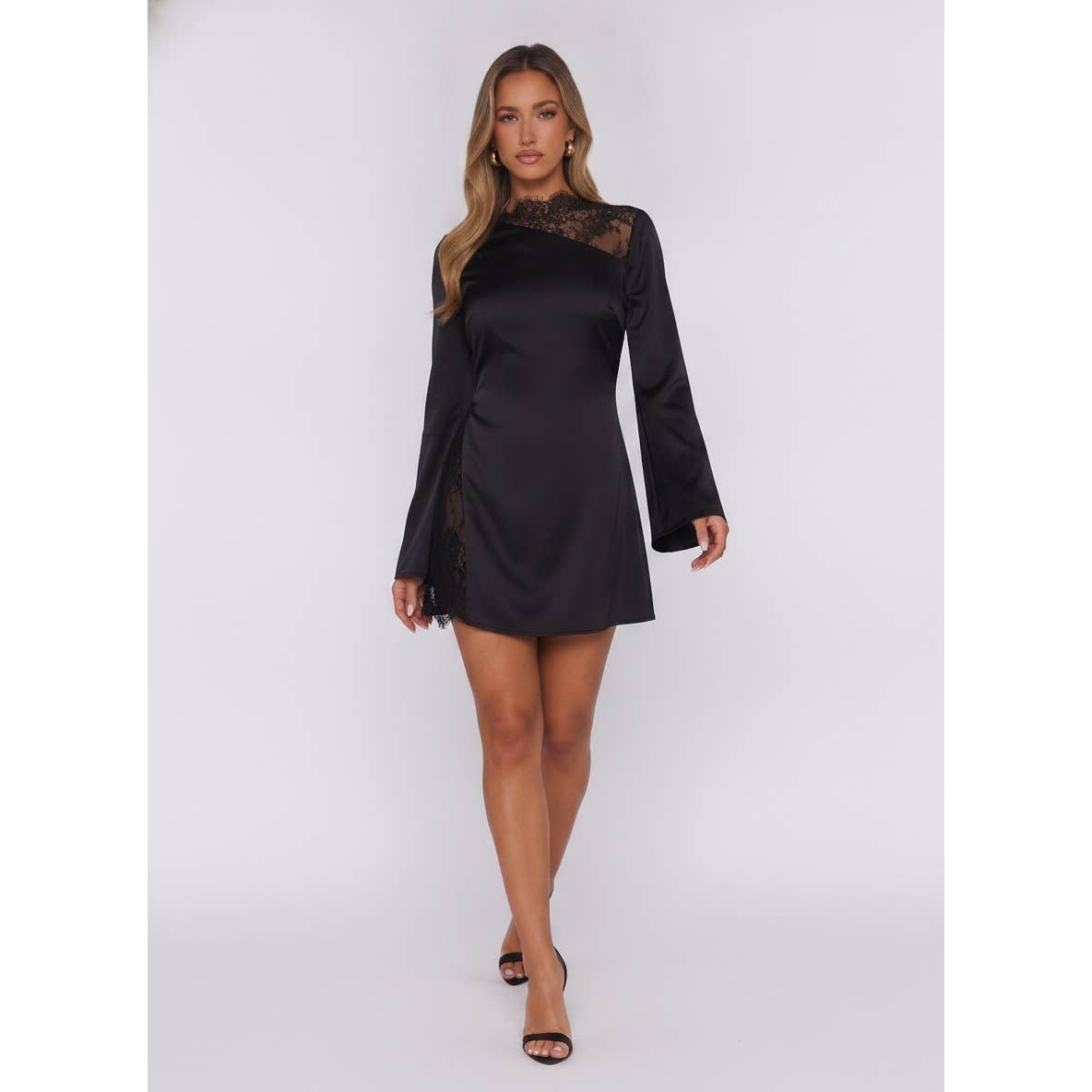 LONG SLEEVE LACE CUT OUT DETAIL SATIN MINI DRESS