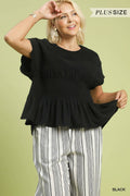 Plus Linen Blend Smocked Peplum Top