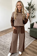 Plaid Patchwork Long Sleeve Pullover Wide Leg Pant Set brown