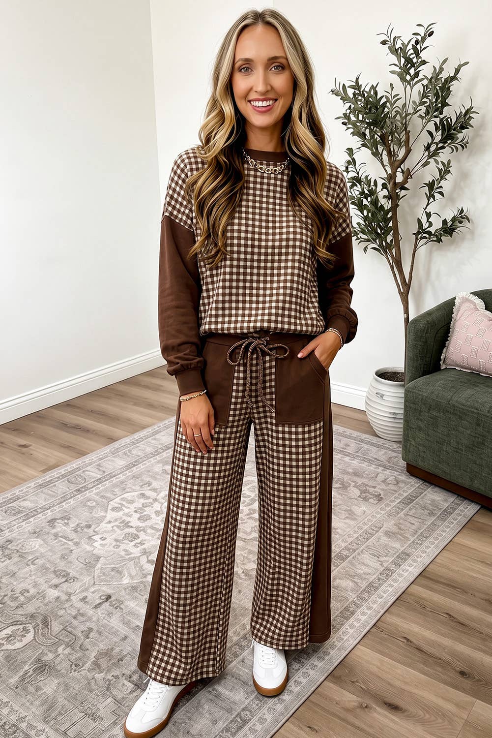 Plaid Patchwork Long Sleeve Pullover Wide Leg Pant Set brown