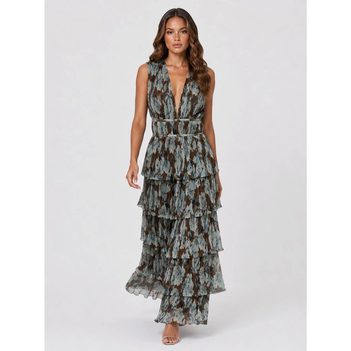 PLUNGING NECKLINE RUFFLED MAXI DRESS