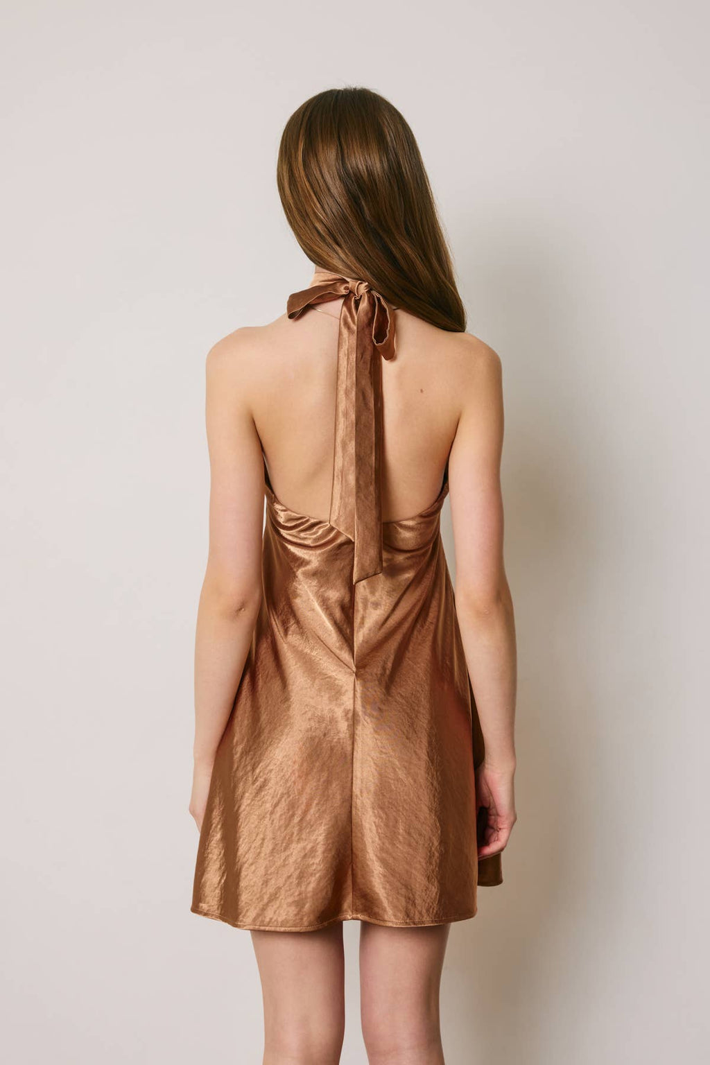 Satin Gold Trim Halter Mini Dress