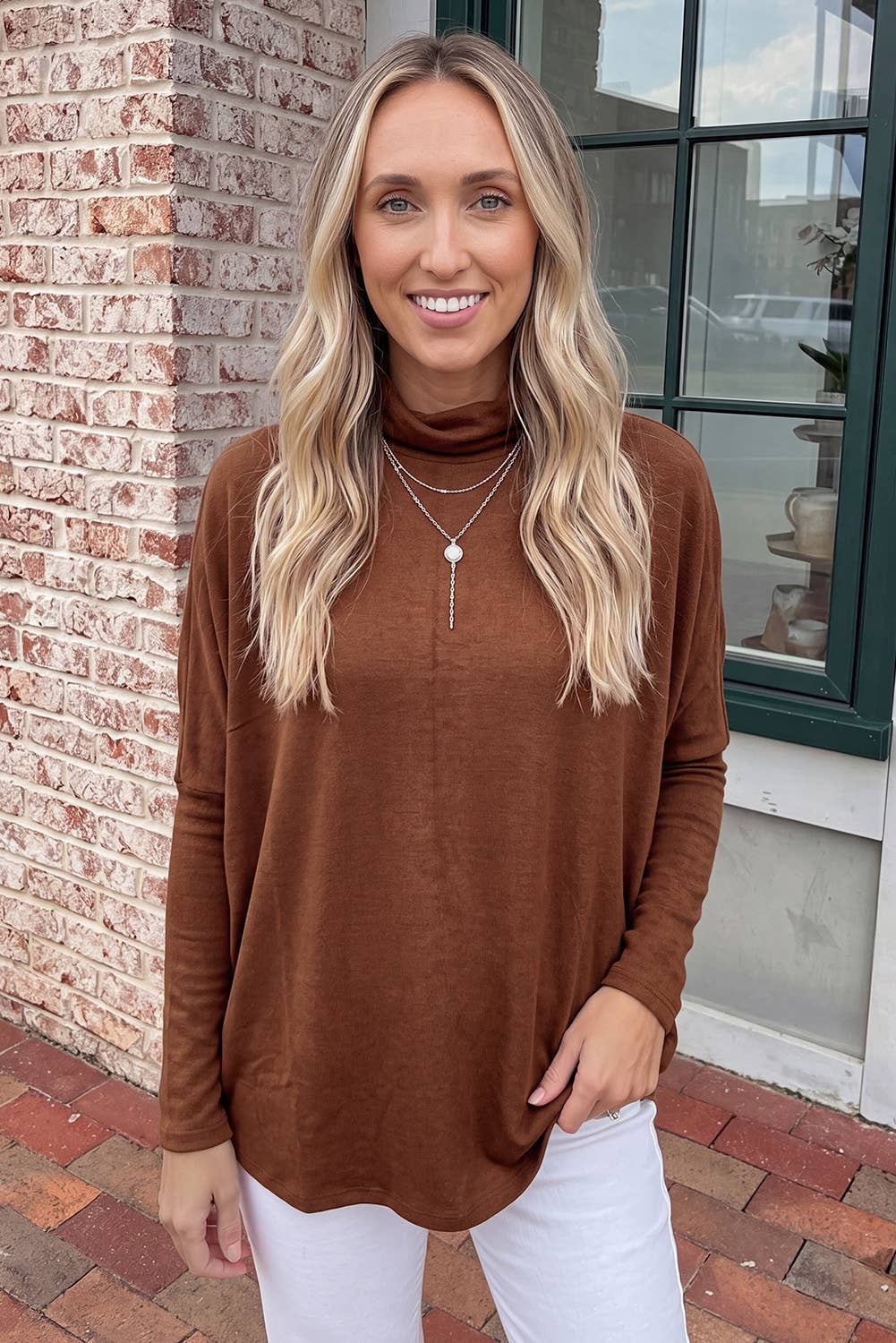 Casual Mock Neck Long Sleeve Shift Blouse brown