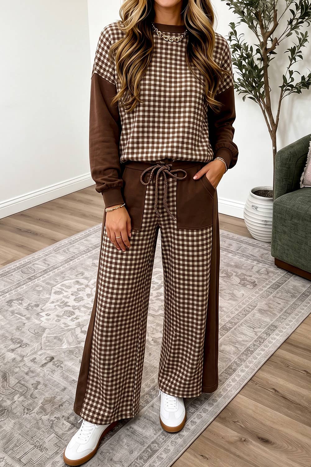 Plaid Patchwork Long Sleeve Pullover Wide Leg Pant Set brown