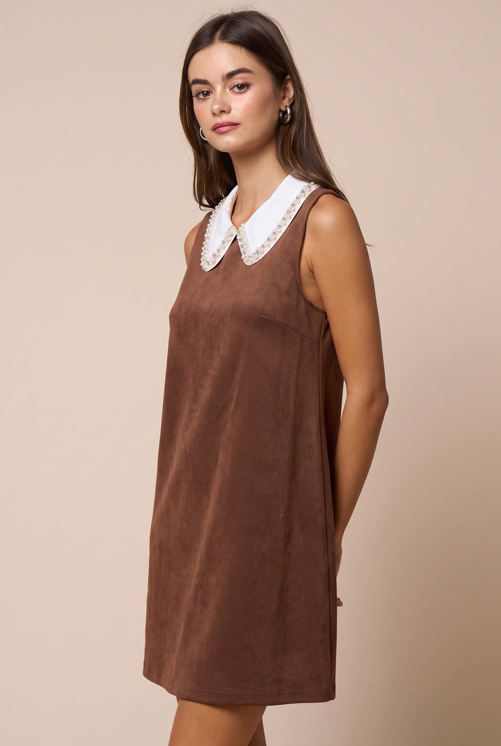 Rhinestone Contrast Collar Suede Mini Shift Dress