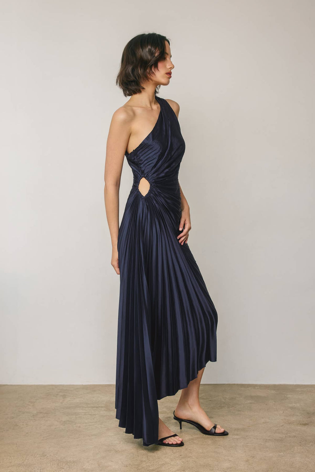 Satin One Shoulder Asymmetrical Pleated Dress Black