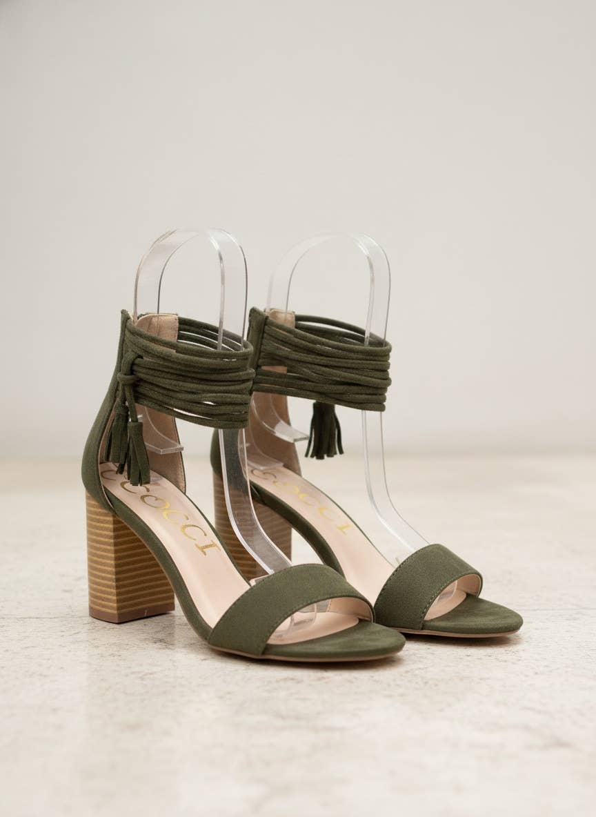 Tassel Wrap Ankle Strap Block Heel