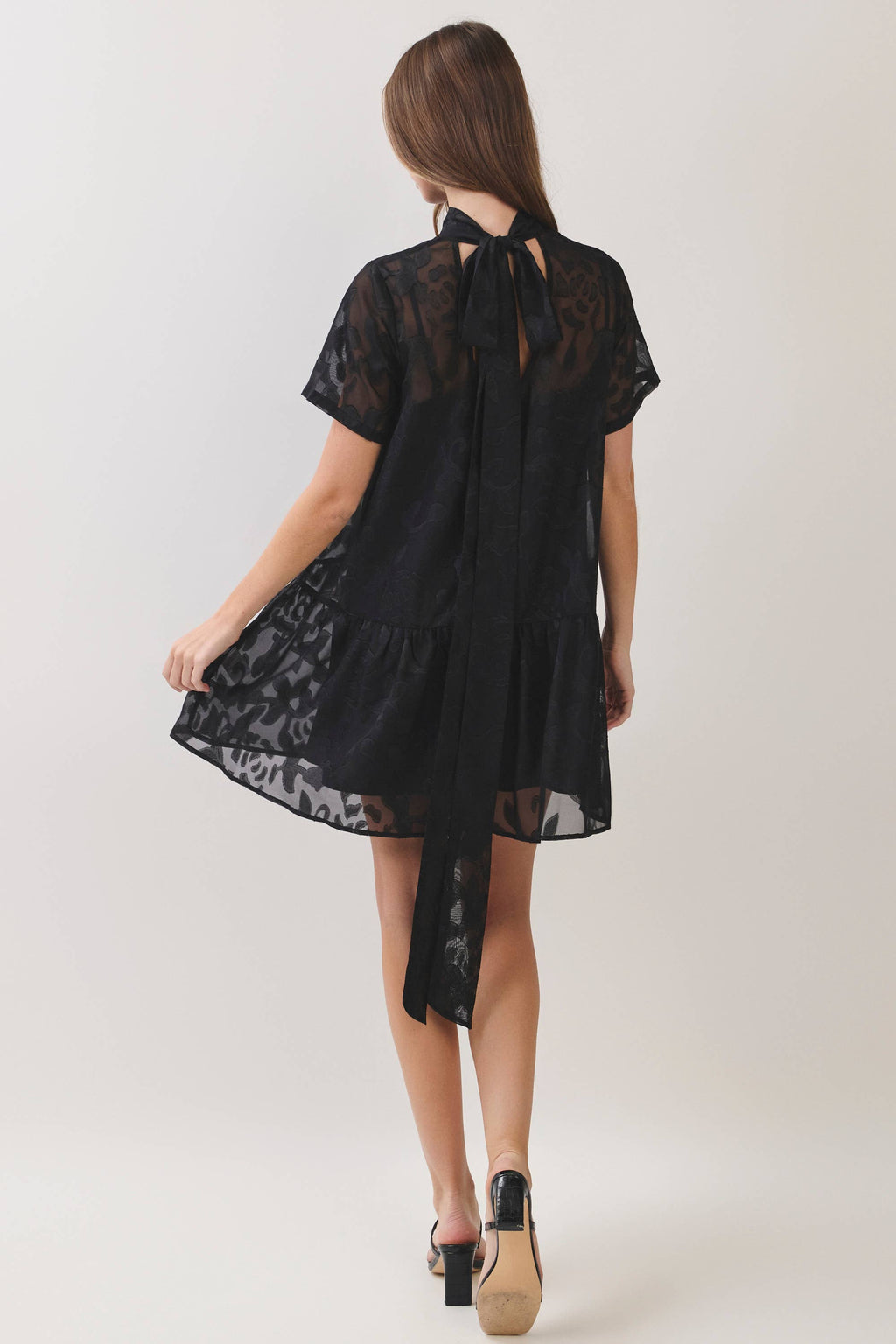 Floral Jacquard Tie-Neck Mini Dress