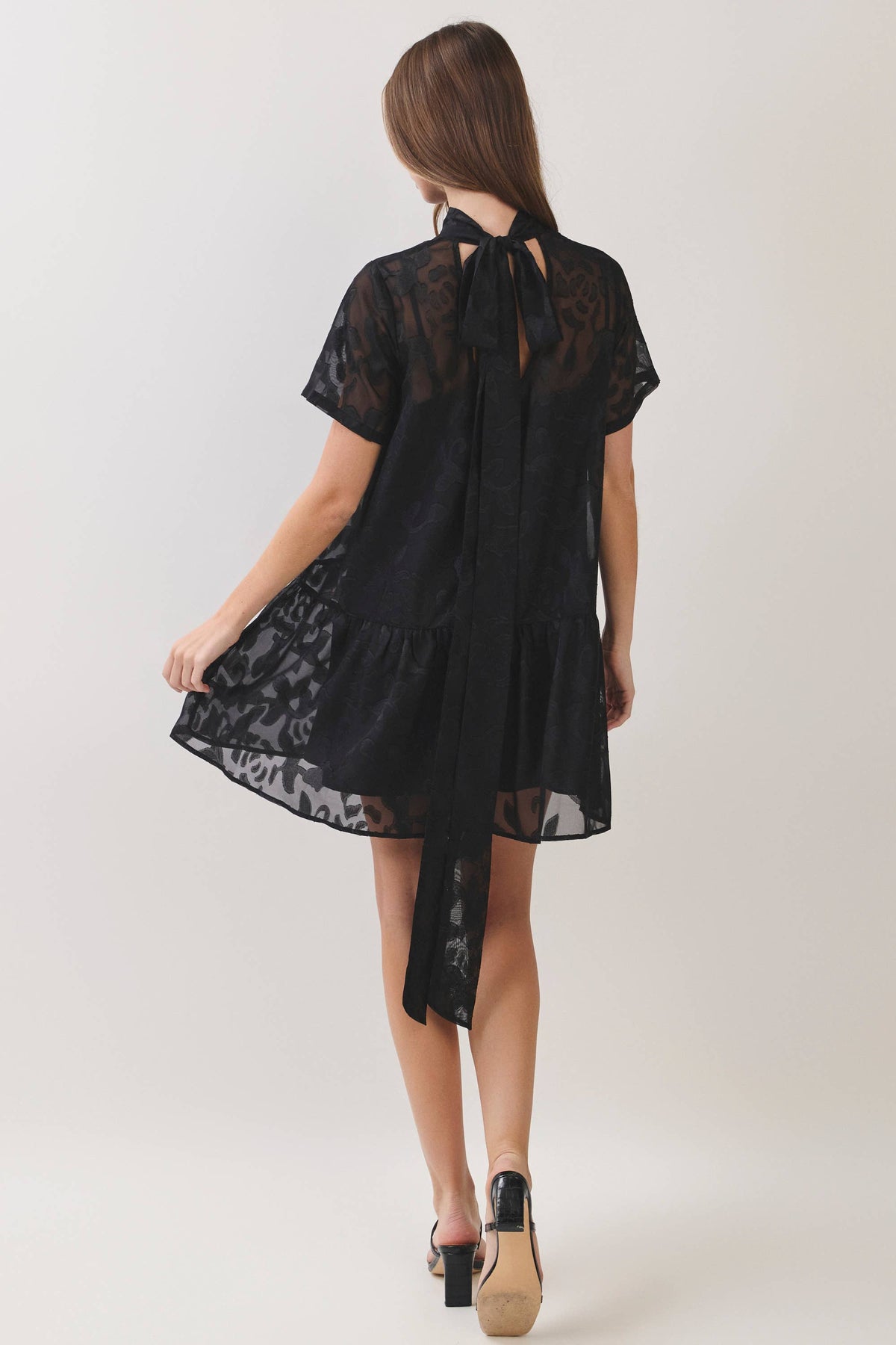 Floral Jacquard Tie-Neck Mini Dress