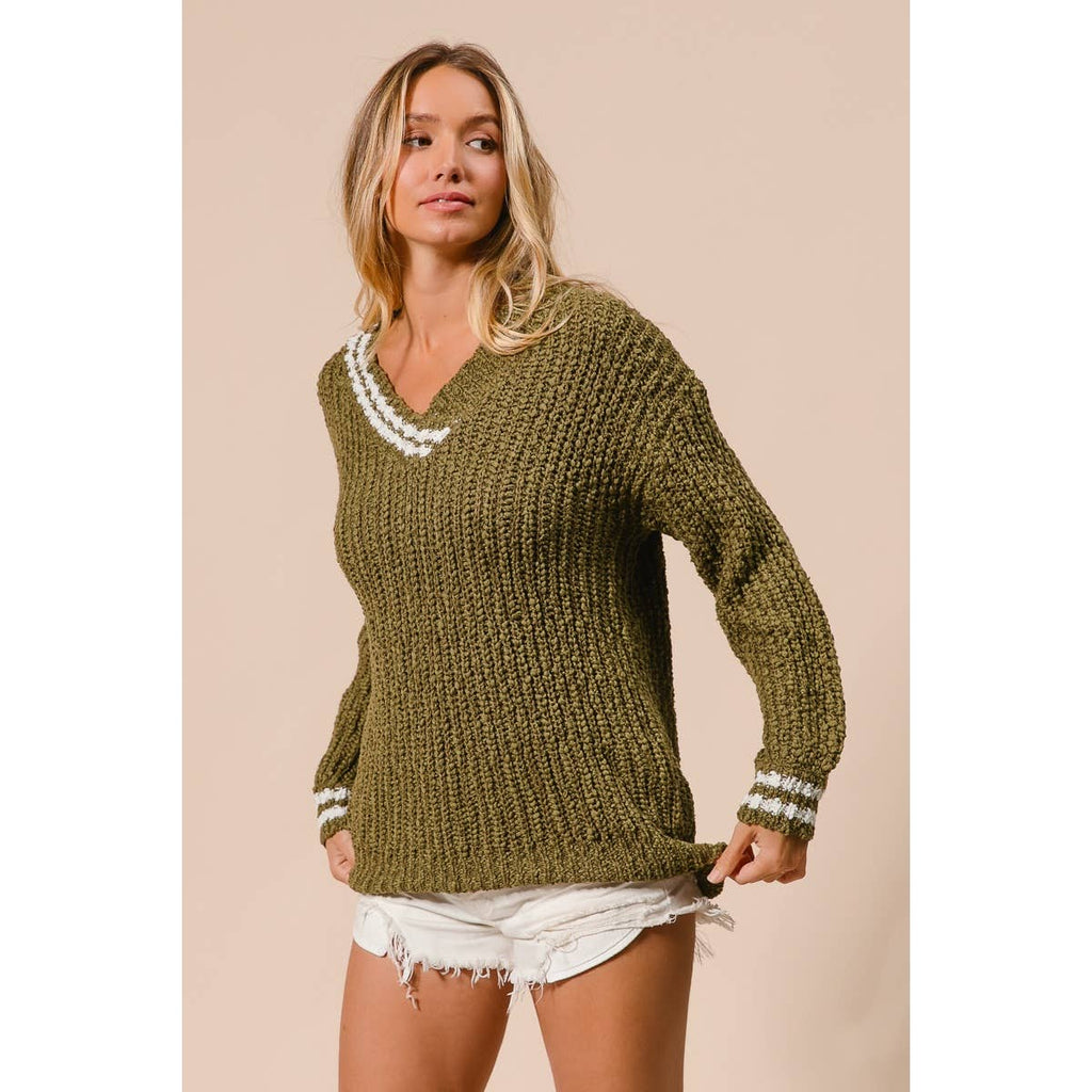 STRIPES BAND POPCORN TEXTURE SWEATER