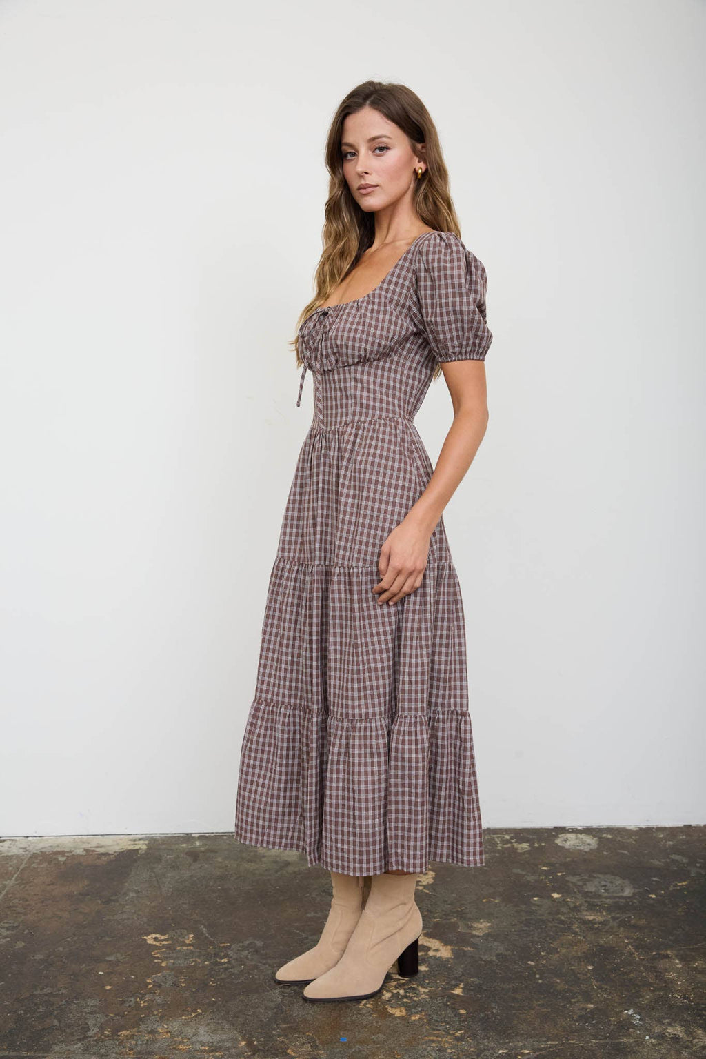 PLAID PUFF SLEEVE CORSET DETAIL TIERED MIDI DRESS