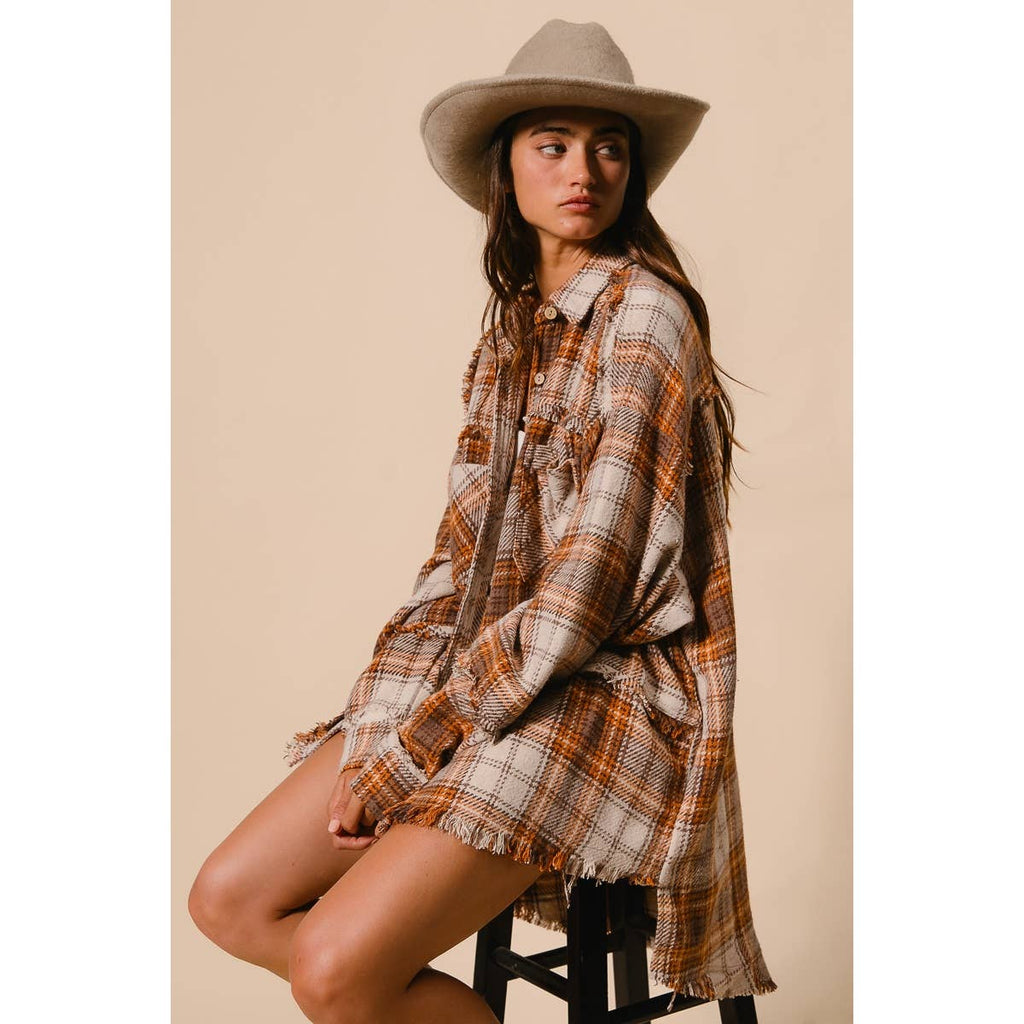 CHECKED WOVEN FRAYED DEGE DETAIL SHACKET