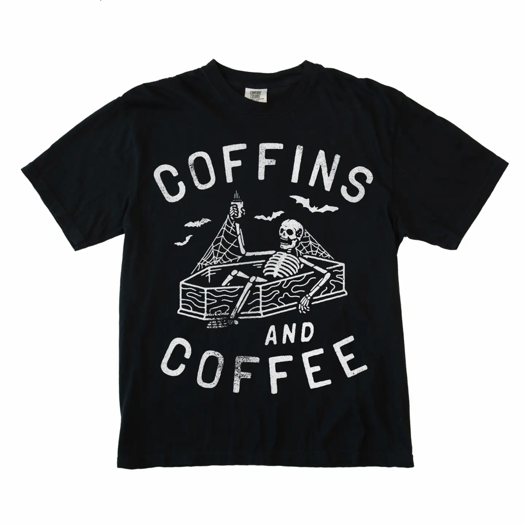 Coffins and Coffee Skeleton Halloween Graphic Tee