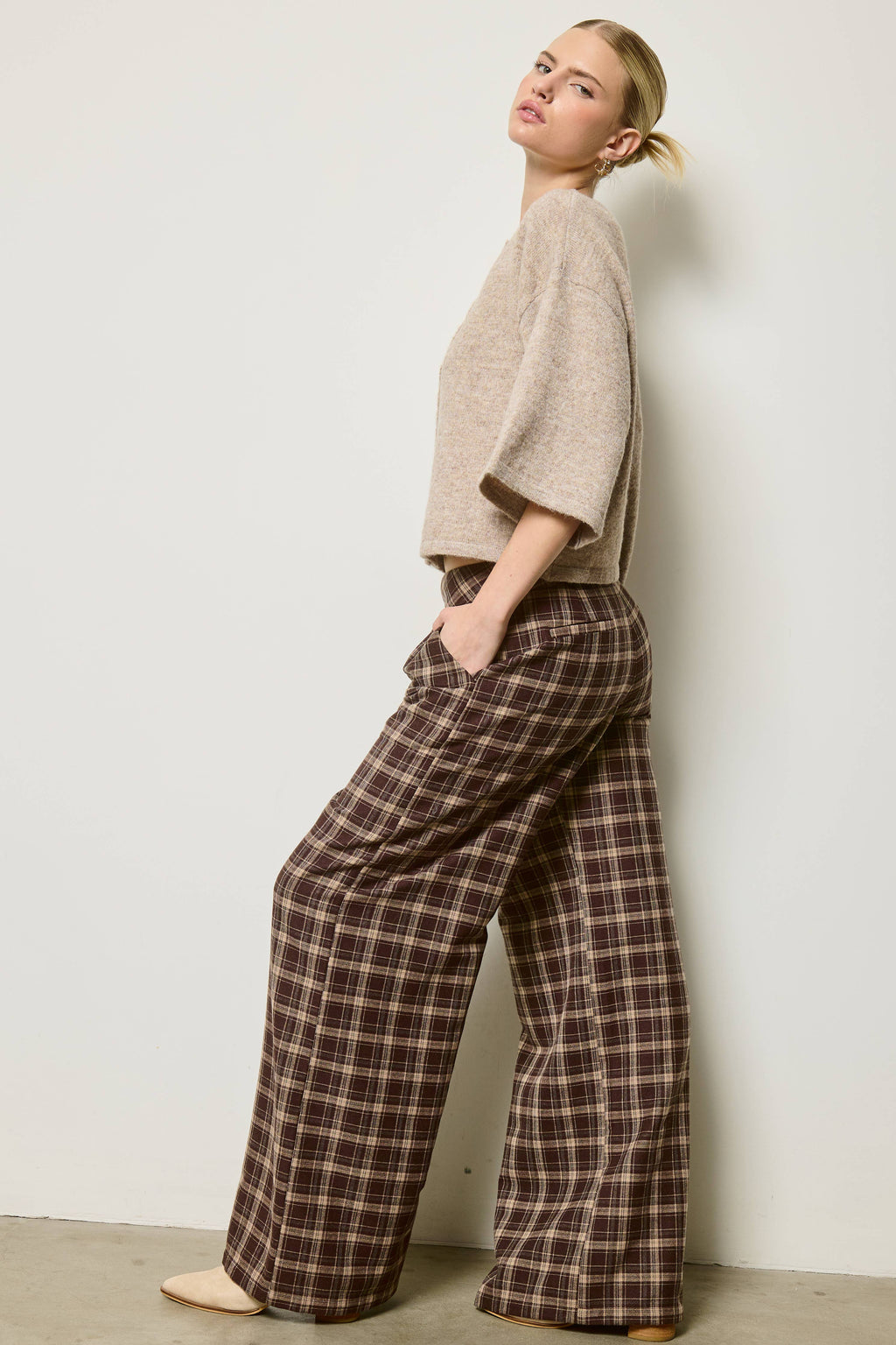 Plaid Pleated Wide Leg Trousers