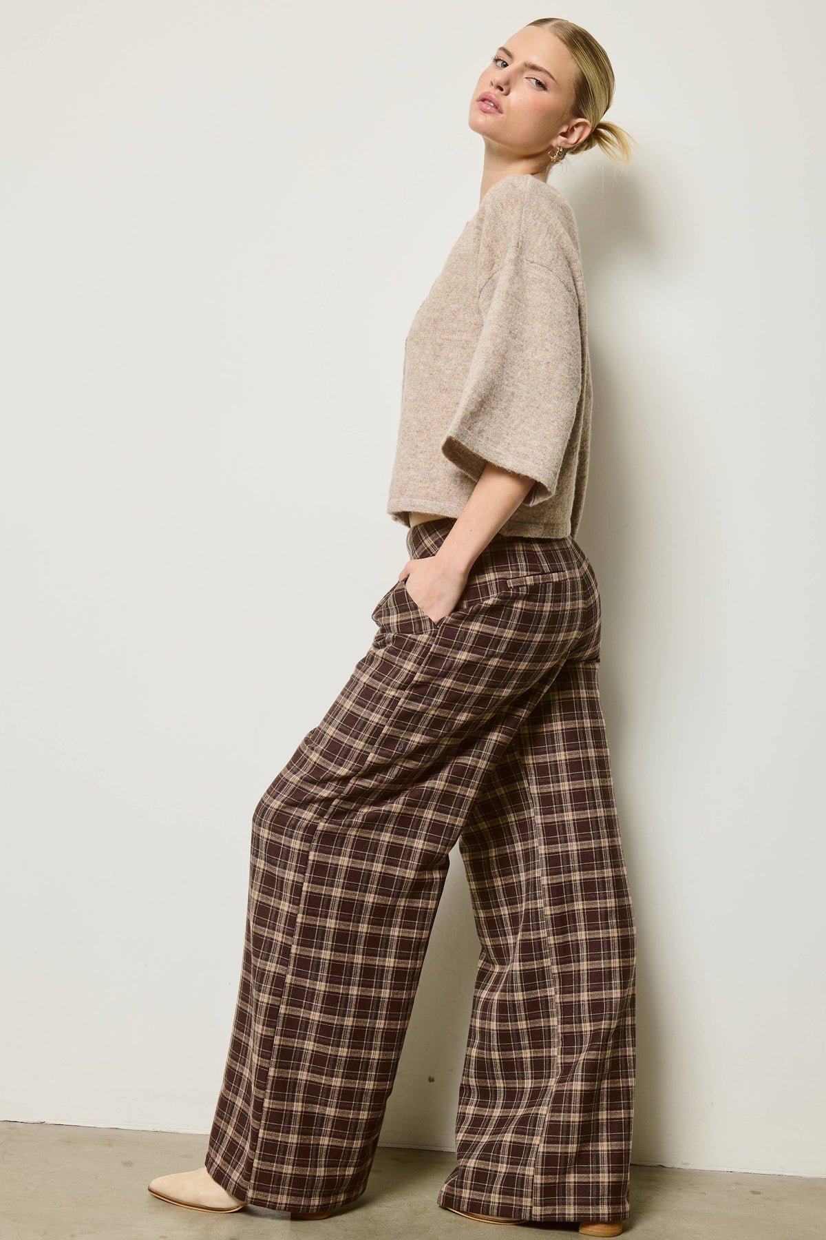 Plaid Pleated Wide Leg Trousers