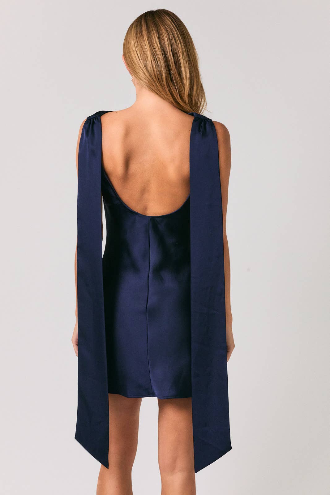 COWL NECK BACK OPEN ATTACHED SCARF FITTED SATIN MINI DRESS