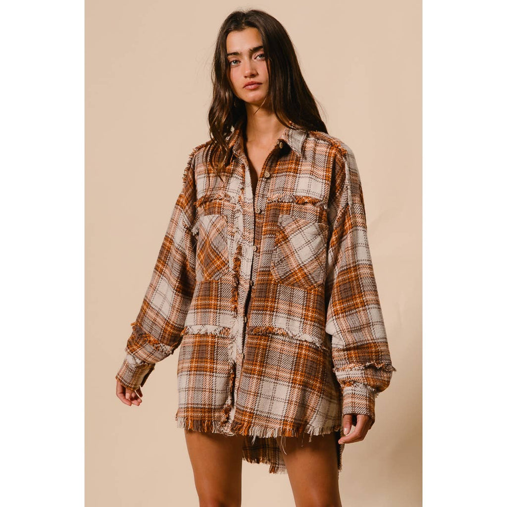 CHECKED WOVEN FRAYED DEGE DETAIL SHACKET