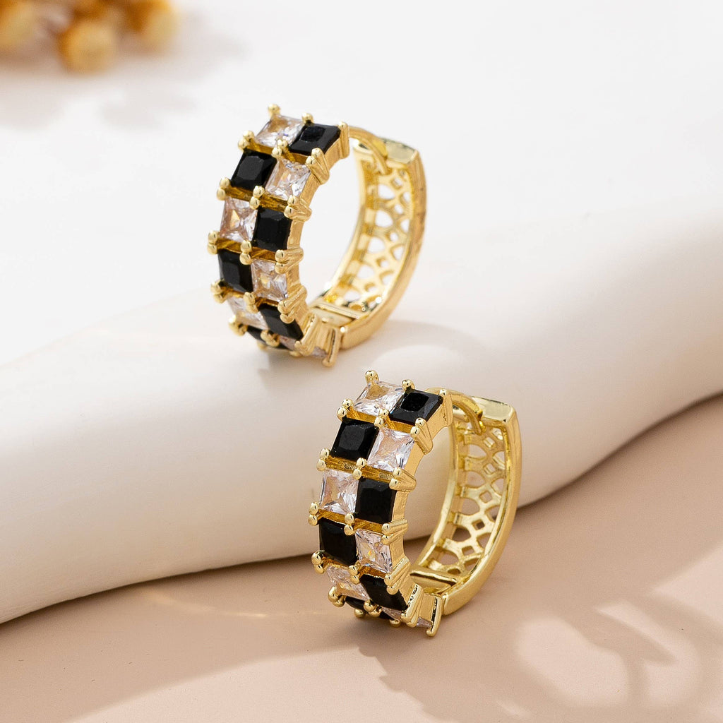 Checker Black & Crystal Baguette Hoop Earrings | 80E61892