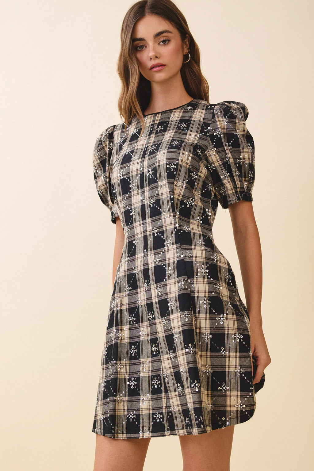 Sequin Embellishments Detail Plaid Mini Dress Black