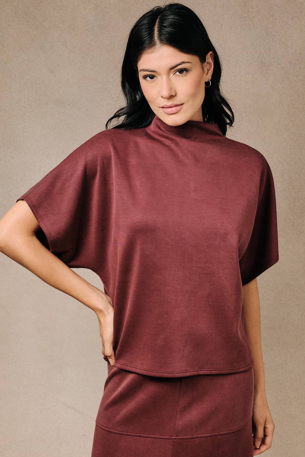 Mock Neck Dolman Short Sleeve Soft Knit Pullover Top